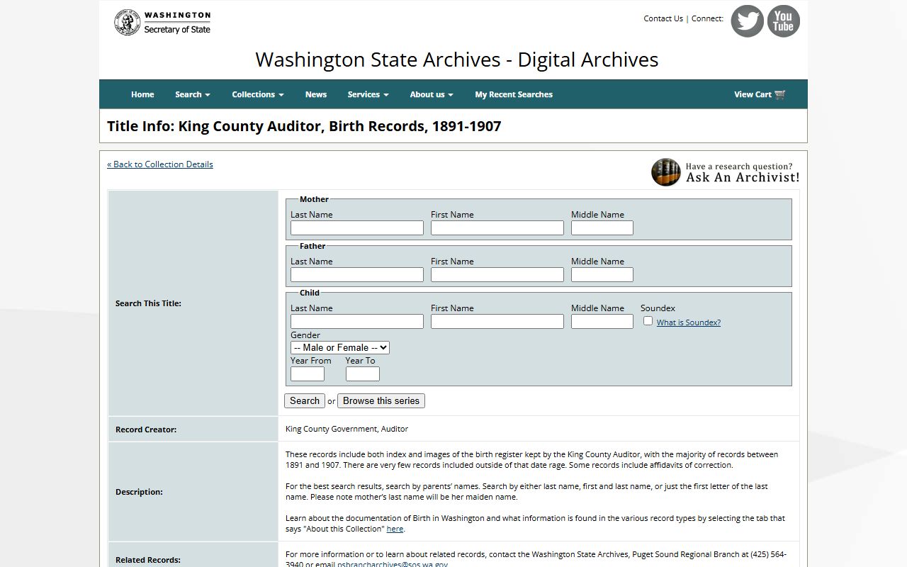 King County birth records 1891-1907 at Washington State Digital Archives for Kent genealogy