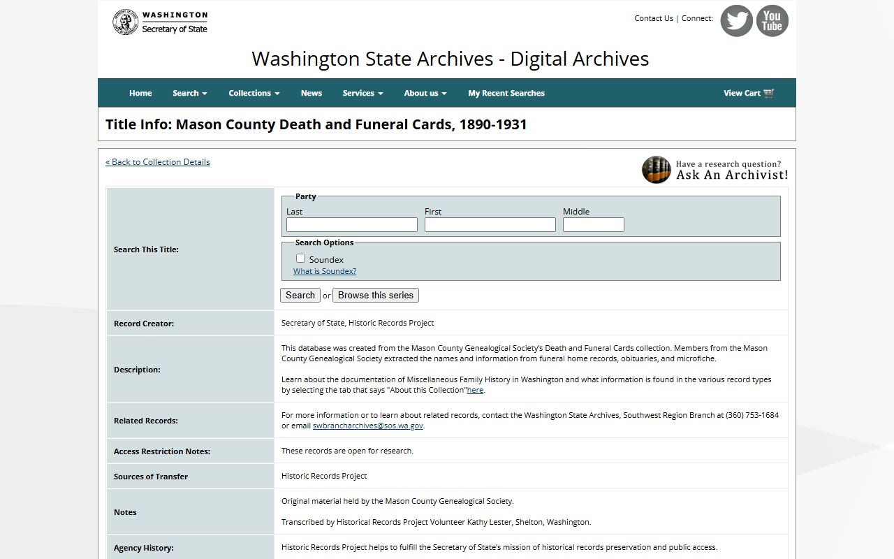 Mason County Washington genealogy death and funeral cards