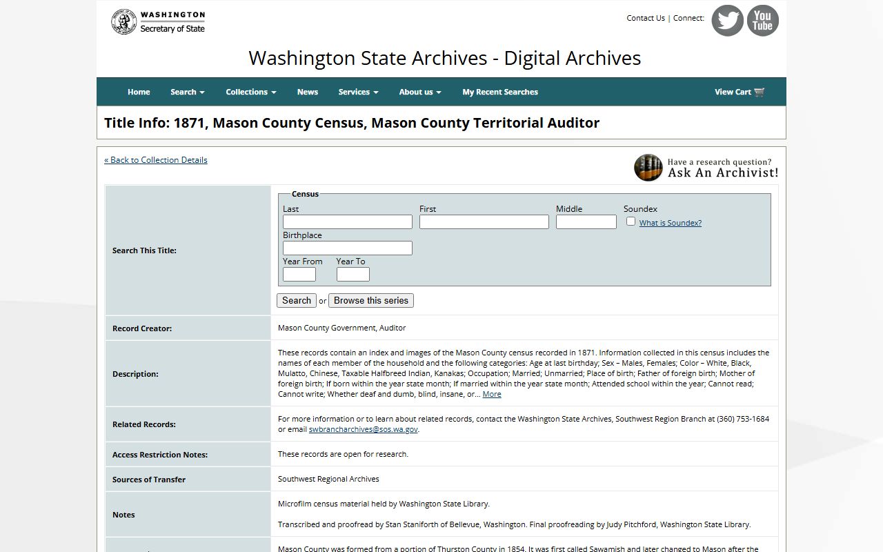 Mason County Washington genealogy 1871 census records
