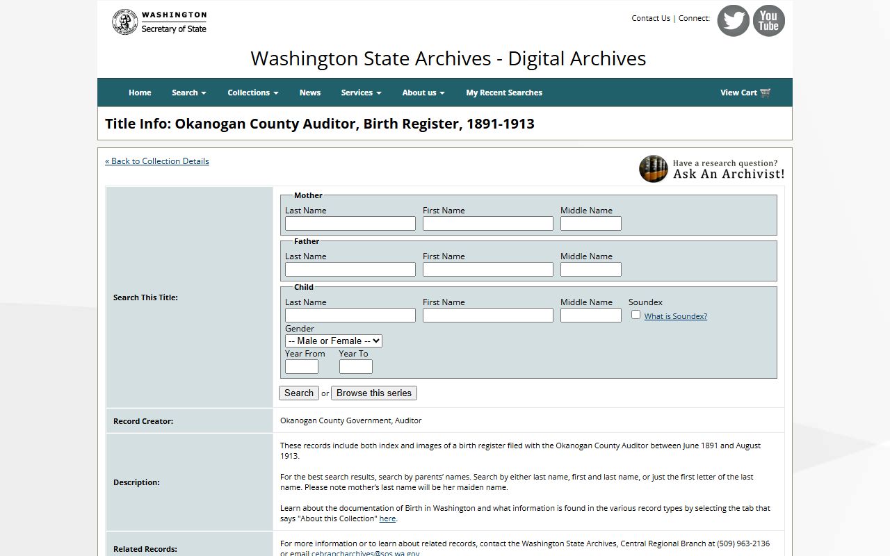 Okanogan County Washington genealogy birth register records