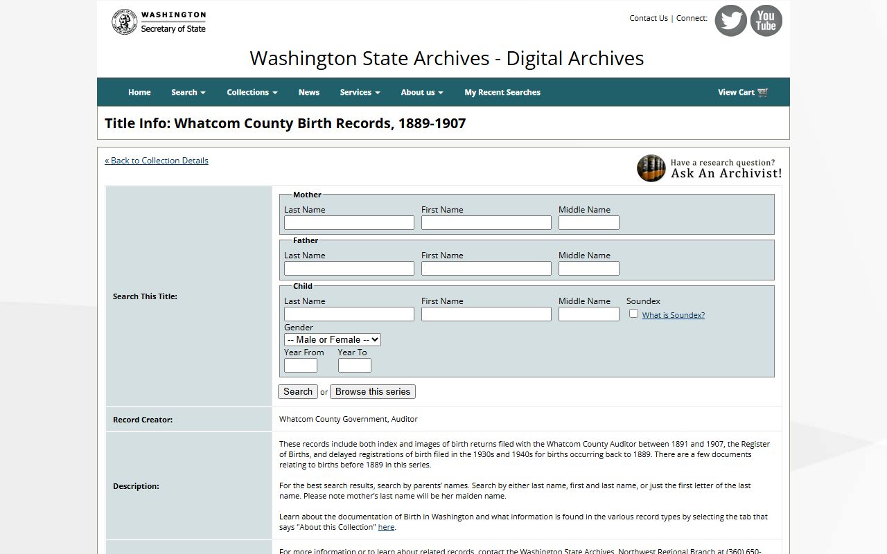 Whatcom County Washington genealogy birth records digital archives