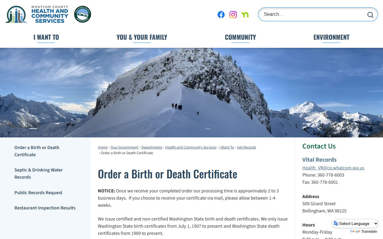 Whatcom County Washington genealogy vital records ordering portal