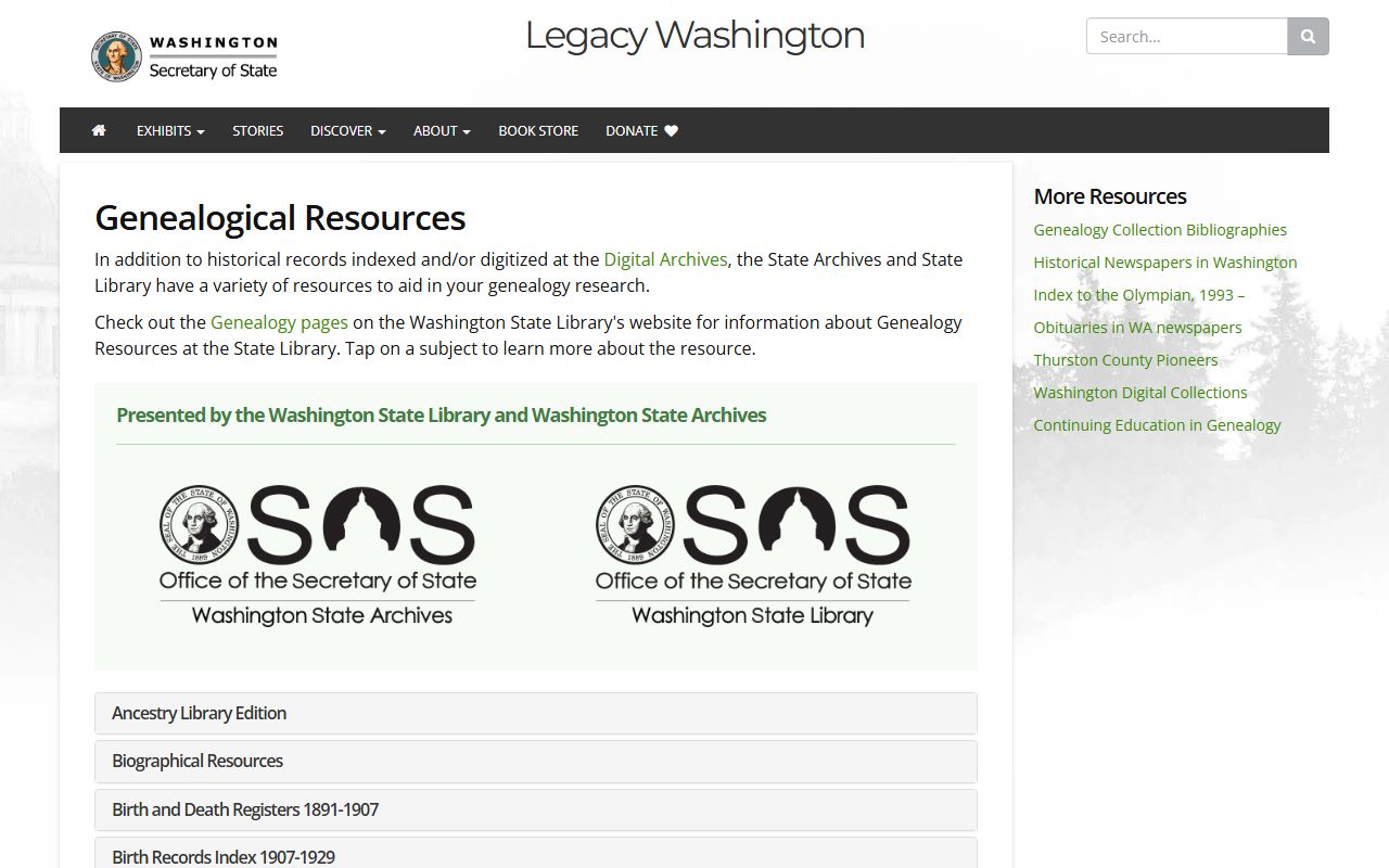 Legacy Washington Secretary of State genealogy records page