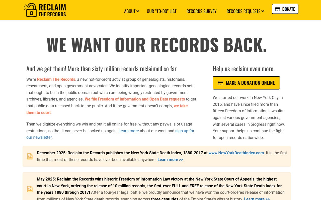Reclaim The Records Washington genealogy database downloads